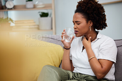 Buy stock photo Sick, woman and drinking water in home for sore throat, flu and medical virus. Thirsty african person with glass of drink for neck pain, tuberculosis or health problem of choking, asthma or pneumonia