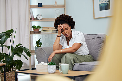 Buy stock photo Headache, woman and stress in home with anxiety, depression and trauma of debt. Sad girl in living room with crisis, psychology problem and pain of mistake, fear and tired of mental health risk