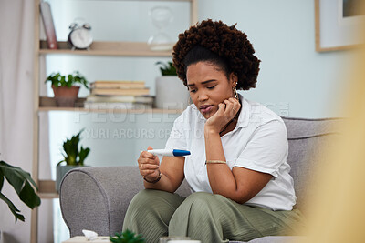 Buy stock photo Stress, fear and woman with home pregnancy test waiting for results, health risk and news. Worried, scared and young african female person, anxiety and pregnant with birth control problem in lounge