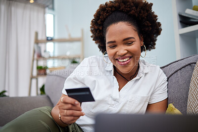 Buy stock photo Happy black woman, laptop and credit card for ecommerce, payment or banking on sofa at home. African female person or shopper smile with debit on computer app for online shopping, purchase or buying