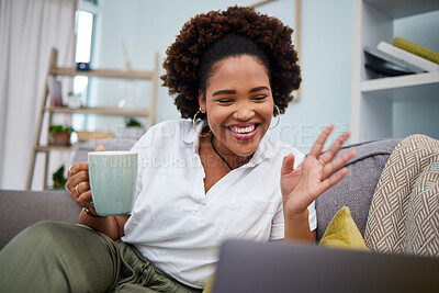 Buy stock photo Woman, coffee and video call on laptop in home for voip communication, internet and chat. Happy African female person wave hello on computer for virtual conversation, online contact and webcam