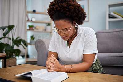 Buy stock photo Woman, praying with bible and meditation in home, lounge and reading about Jesus, religion and worship for mindfulness. Person, prayer and studying holy book for faith, praise and meditation in peace