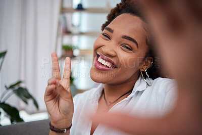 Buy stock photo Happy woman, portrait and peace sign for selfie, photography or social media and blog post at home. Face of excited African female person or photographer smile for photo, picture or peaceful memory