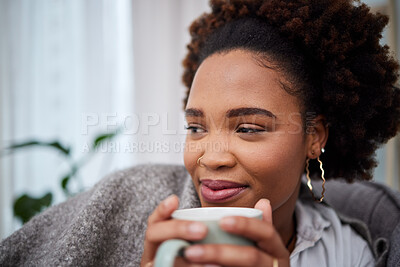 Buy stock photo Relax, coffee and thinking with woman in living room for peace, happy and morning. Health, happiness and drinking tea with African person smile on sofa at home for caffeine, beverage and free time