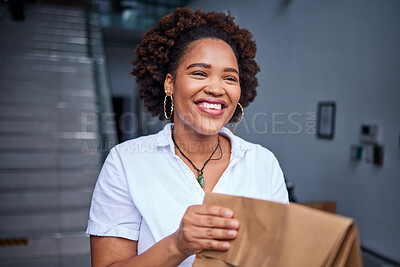 Buy stock photo Delivery, happy customer and a woman at a door with a paper bag from courier at home. Face of a person or a client with a package, parcel or fast food from online shopping, e-commerce or service