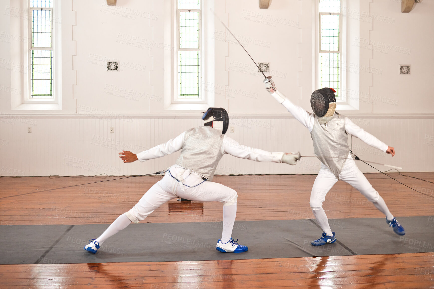 Buy stock photo People, training and fight in fencing competition, duel or combat with martial arts fighter and athlete with a sword and weapon. Warrior, blade and team in creative fighting, exercise or fitness