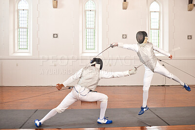 Buy stock photo Fencing, sport and people with sword to fight in training, exercise or workout in hall. Martial arts, stab and fencers or men jump in mask and costume for fitness, competition or target in swordplay