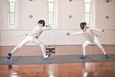 Buy stock photo Training, people and fight in fencing competition, duel or combat with martial arts fighter and athlete with a sword and weapon. Warrior, blade and team in creative fighting, exercise or fitness