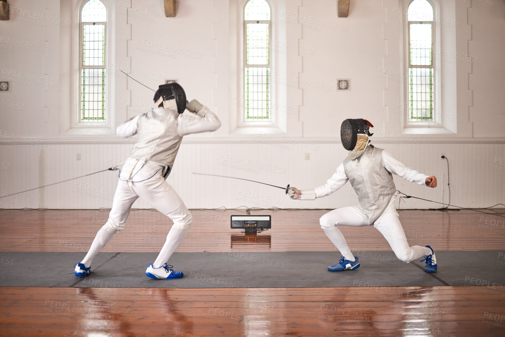 Buy stock photo People, training and fighting in fencing competition, duel or combat with martial arts fighter and athlete with a sword and weapon. Warrior, blade and couple in creative fight, exercise or fitness