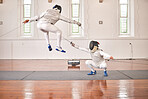 Fencing, sports and people fight, jump and training, fitness or workout for energy with epee sword in gym. Battle, fencer or athlete in performance, competition or exercise with sabre, helmet or suit