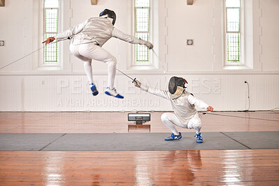 Buy stock photo Fencing, sports and people fight, jump and training, fitness or workout for energy with epee sword in gym. Battle, fencer or athlete in performance, competition or exercise with sabre, helmet or suit