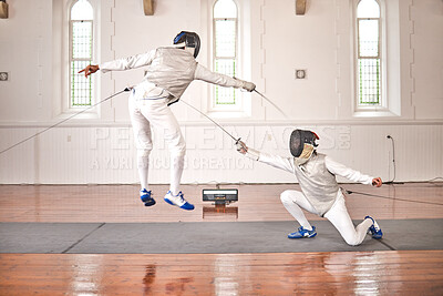 Buy stock photo Fencing, sport and jump with sword to fight in training, exercise or workout in a hall. Martial arts, match and fencers or people with mask and costume for fitness, competition or target in swordplay