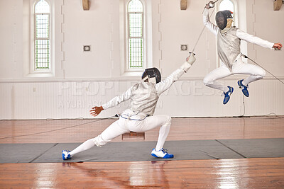 Buy stock photo Fencing, exercise and people fight, jump and training, fitness or workout for energy with epee sword in club. Battle, fencer or athlete in performance, competition or sports with mask, helmet or suit