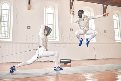 Buy stock photo Jump, fencing and people with sword to fight in training, exercise or workout in a hall. Martial arts, sports and fencers or men with mask and costume for fitness, competition or target in swordplay