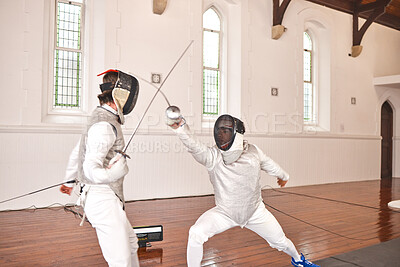 Buy stock photo Sport, fight and men with fencing sword in training, exercise or workout in a hall. Martial arts, match and fencers or people with mask and costume for fitness, competition or target in swordplay