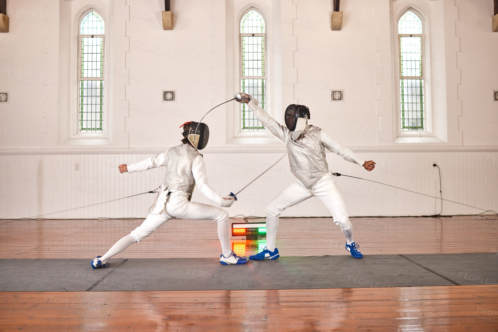 Buy stock photo Sword, sport and men fight in fencing training, exercise or workout in a hall. Martial arts, match and fencers or people with mask and costume for fitness, competition or stab target in swordplay