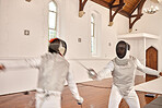 Fight, sport and people with fencing sword  in training, exercise or workout in a hall. Martial arts, foil and fencer men with a mask and costume for fitness, competition or stab target in swordplay