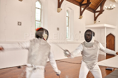Buy stock photo Fight, sport and people with fencing sword  in training, exercise or workout in a hall. Martial arts, foil and fencer men with a mask and costume for fitness, competition or stab target in swordplay