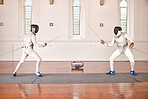 People, fencing and fight in competition, duel or training for combat with martial arts fighter and athlete with a sword and weapon. Warrior, blade and couple in creative fight, exercise or fitness