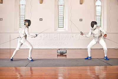 Buy stock photo People, fencing and fight in competition, duel or training for combat with martial arts fighter and athlete with a sword and weapon. Warrior, blade and sport of creative fighting, exercise or fitness
