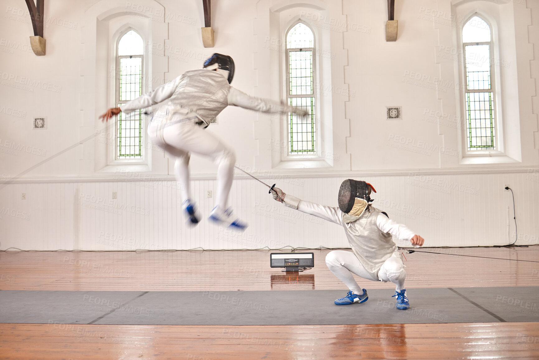 Buy stock photo Fencing, exercise and people battle, jump and training, fitness or workout for energy with epee sword in club. Fight, fencer or athlete in performance, competition or sports with mask, helmet or suit