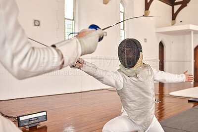 Buy stock photo People, fencing and training with a sword in a fight, exercise and fighting with a weapon or duel in sports with martial arts athlete. Couple, combat and competition with fighter, blade and equipment