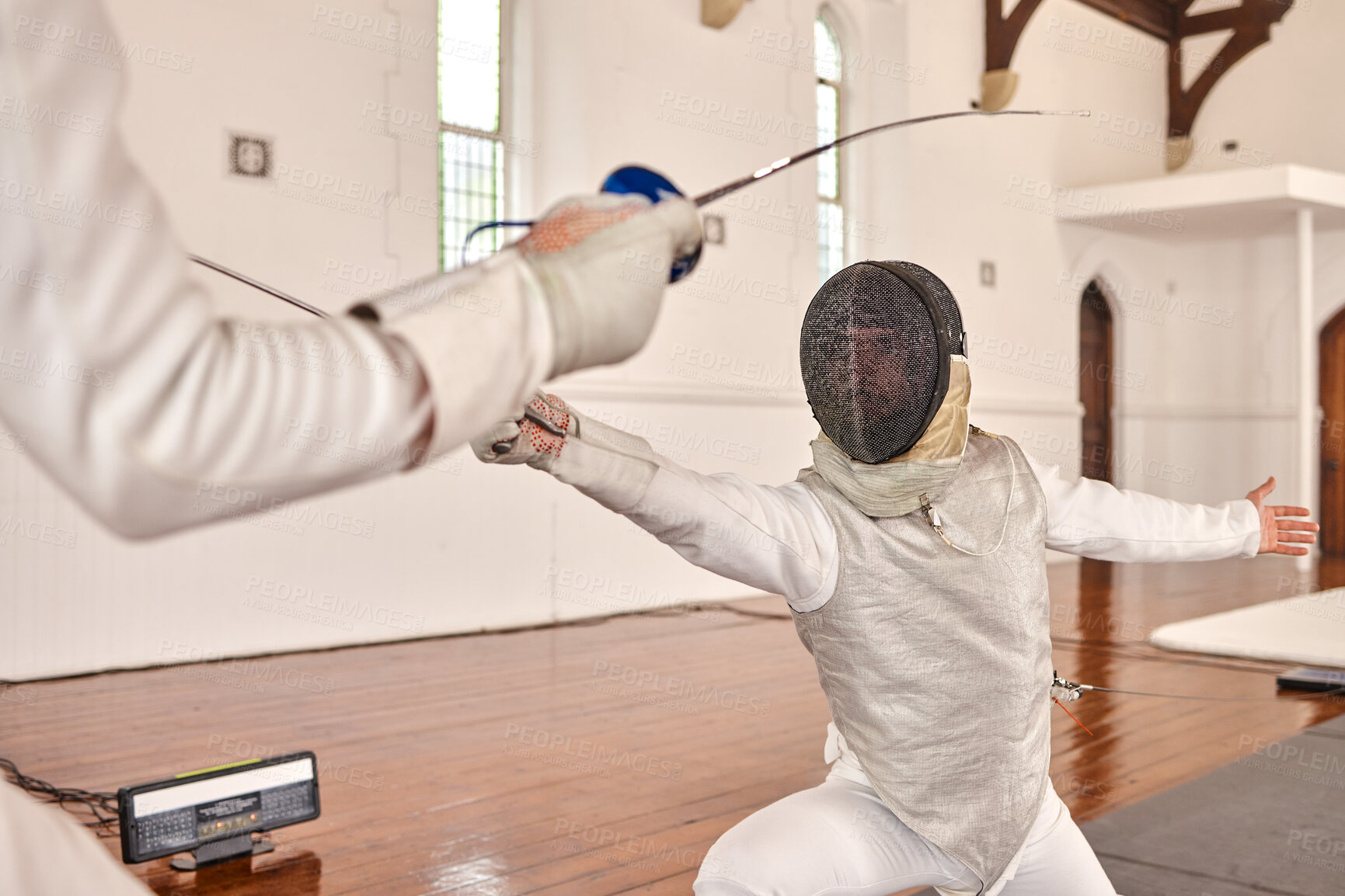Buy stock photo People, fencing and training with a sword in a fight, exercise and fighting with a weapon or duel in sports with martial arts athlete. Couple, combat and competition with fighter, blade and equipment