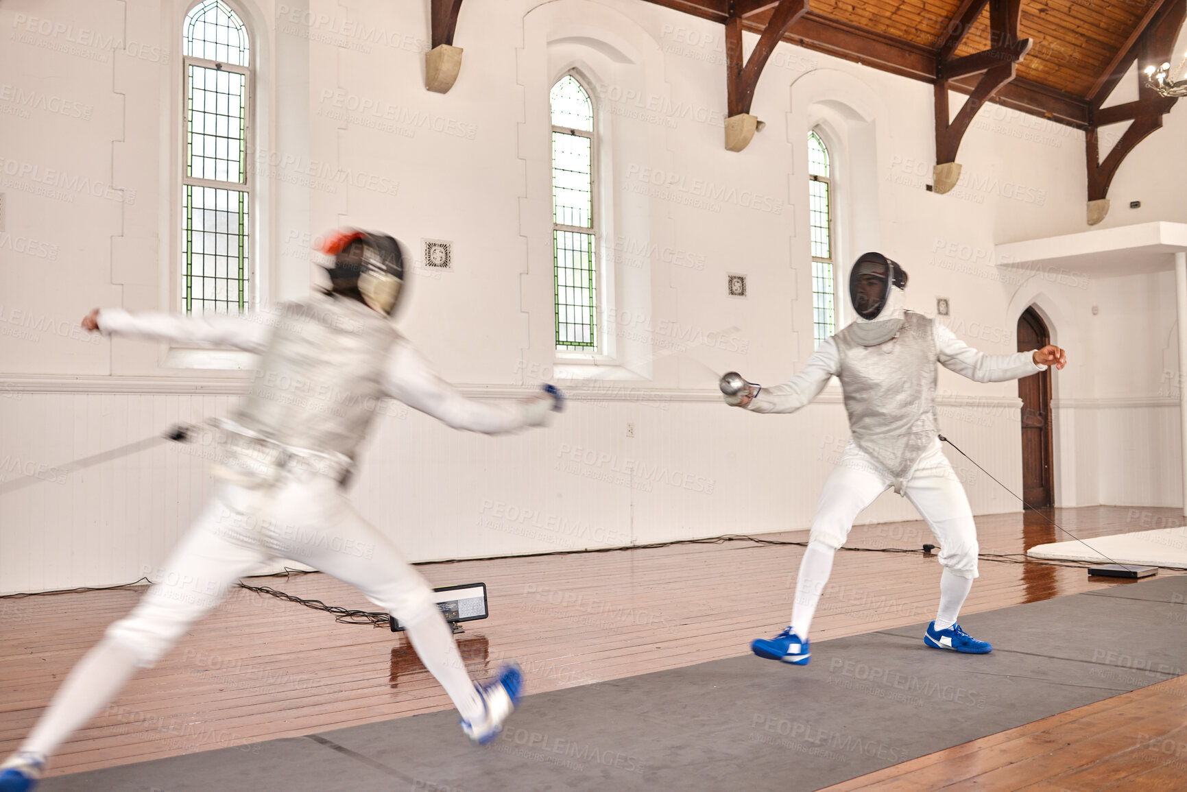 Buy stock photo Fencing, sport and men with sword to fight in training, exercise or workout in a hall. Martial arts, match and fencers or people with mask and costume for fitness, competition or target in swordplay