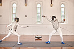 People, training and fighting in fencing competition, duel or combat with martial arts fighter and athlete with a sword and weapon. Warrior, blade and couple in creative fight, exercise or fitness