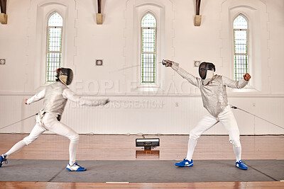 Buy stock photo People, training and fighting in fencing competition, duel or combat with martial arts fighter and athlete with a sword and weapon. Warrior, blade and team in creative fight, exercise or fitness