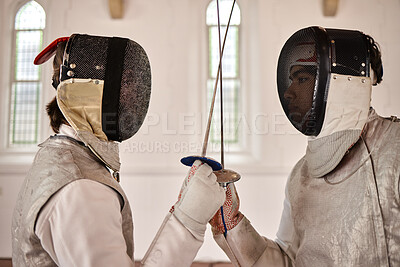 Buy stock photo Fencing, sword and people start fight in sports training, exercise or challenge in hall. Martial arts, combat and athlete fencers with mask and costume for fitness, competition or target in swordplay