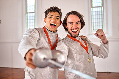 Buy stock photo Winning, fencing and men with medal in portrait for celebration after success, goal achievement or victory in club. Face, fencer or champion team excited for podium with epee sword in sports training