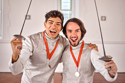 Buy stock photo Fencing, winner and men with medal in portrait for celebration after success, goal achievement or victory in club. Face, fencer or champion team excited for podium with epee sword for sports training