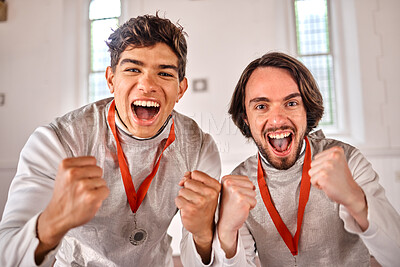 Buy stock photo Team, portrait or men winning a medal for a fighting competition, challenge or sports match. Fencing winners, faces or excited athletes celebrate with reward, victory or prize for games or tournament