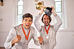 Sports, fencing and portrait of men with trophy for winning competition, challenge and match in gym. Fitness, sword fighting and excited male athletes celebrate with prize for games or tournament