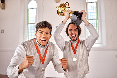 Buy stock photo Sports, fencing and portrait of men with trophy for winning competition, challenge and match in gym. Fitness, sword fighting and excited male athletes celebrate with prize for games or tournament