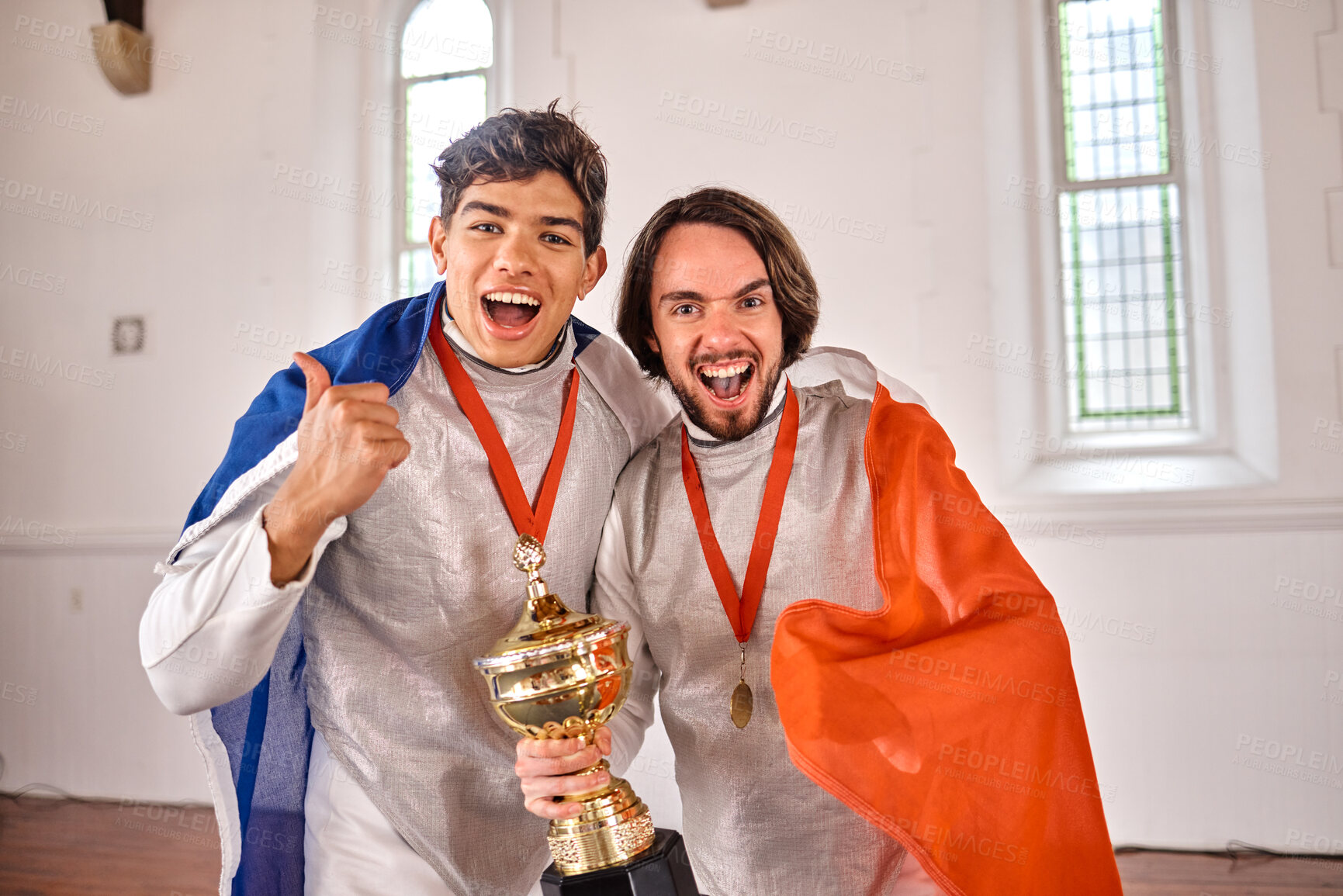Buy stock photo Flag, fencing and portrait of men with trophy for winning competition, challenge and match. Thumbs up, sword fighting and excited male athletes celebrate with prize for games or global tournament
