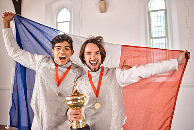 Buy stock photo Fencing, France flag and portrait of men with trophy for winning competition, challenge and match. Sword fighting, sports winner and excited male athletes celebrate with prize for games or tournament