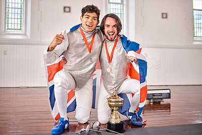 Buy stock photo Britain flag, fencing and portrait of men with trophy for winning competition, challenge and match. Sports, sword fighting and excited male athletes celebrate with prize for games and tournament