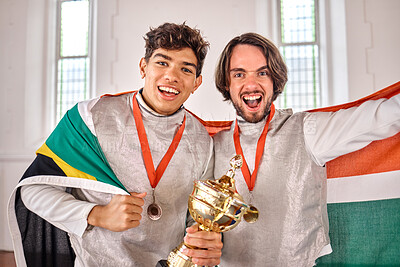 Buy stock photo South Africa flag, fencing and men with trophy for winning competition, challenge and sports match. Winner, sword fighting and portrait of male athletes celebrate with prize for games or tournament