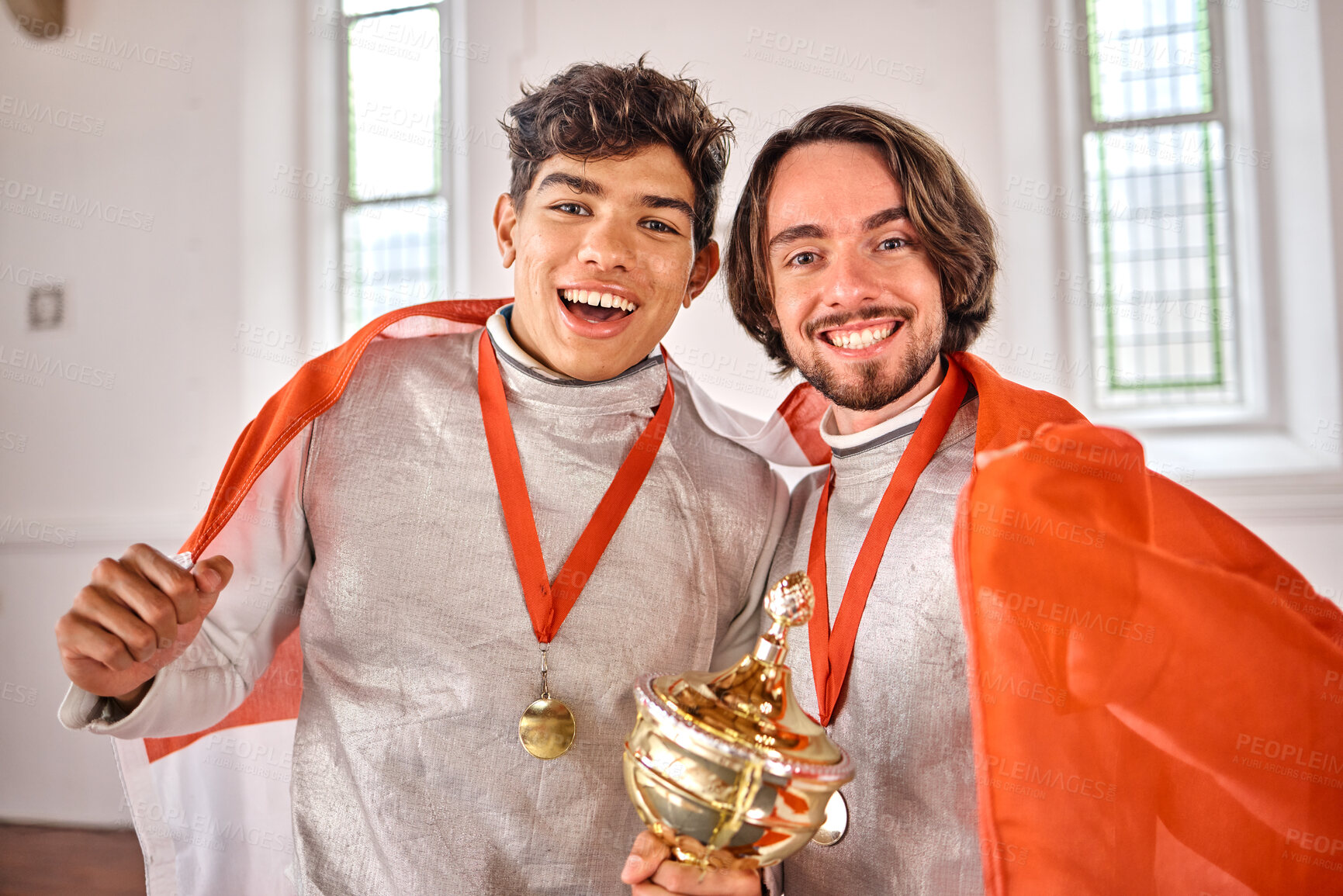 Buy stock photo Flag, fencing and portrait of men with trophy for winning competition, challenge and sports match. Canada, sword fighting and excited male athletes celebrate with prize for games and tournament