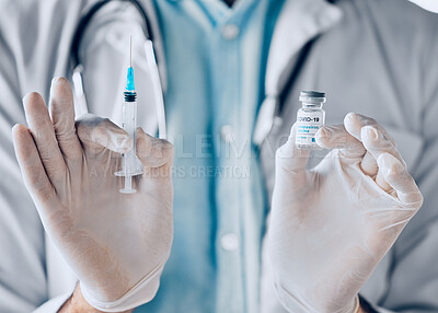 Buy stock photo Covid, vaccine and hands of doctor with healthcare, pharmacy innovation and medical breakthrough. Vaccination, compliance and health expert person with vial and syringe for corona, treatment and cure