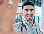 Happy, selfie and man doctor for social media for healthcare, medical and hospital work. Smile, male professional and surgeon worker portrait with picture and happy for internet photo of employee