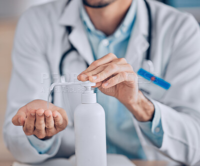 Buy stock photo Man, doctor and hands with sanitizer for hygiene, germ and bacterial removal at hospital. Closeup of male person, medical or healthcare professional cleaning for disinfection or protection at clinic