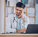 Man, doctor and headache in stress, debt or mistake from burnout, pain or deadline at the hospital. Frustrated male person or medical employee in anxiety, depression or mental health at the clinic