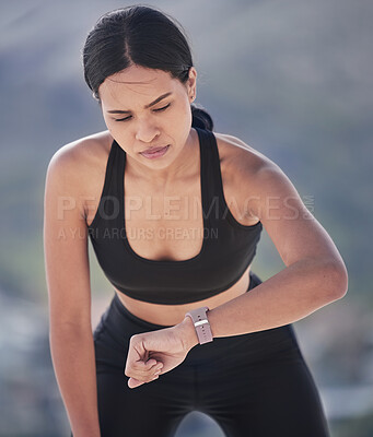 Buy stock photo Running, woman and check smart watch outdoor for time, heart rate and fitness. Sports runner, workout and clock on stopwatch tech for performance app, exercise progress and results of cardio training