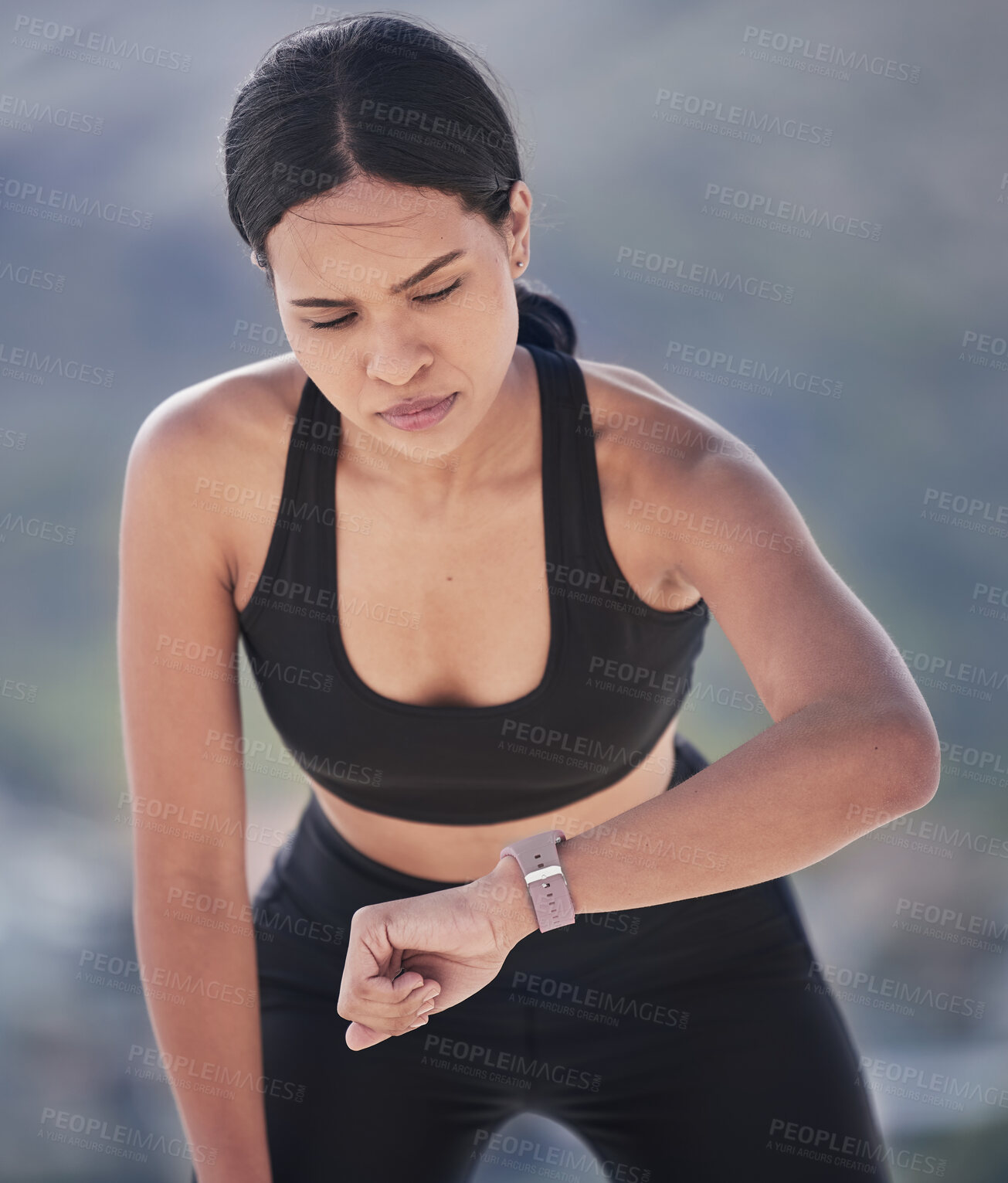 Buy stock photo Running, woman and check smart watch outdoor for time, heart rate and fitness. Sports runner, workout and clock on stopwatch tech for performance app, exercise progress and results of cardio training