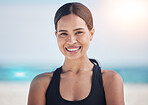 Happy woman, portrait and fitness on beach for workout, cardio exercise or outdoor training on mockup. Face of fit, active or sports female person smile in confidence for healthy body on ocean coast
