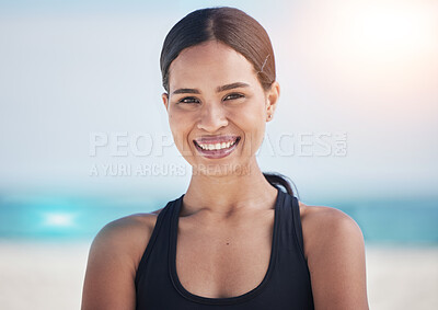Buy stock photo Happy woman, portrait and fitness on beach for workout, cardio exercise or outdoor training on mockup. Face of fit, active or sports female person smile in confidence for healthy body on ocean coast