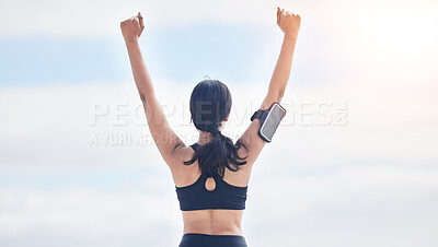 Buy stock photo Fitness, celebration and woman with arms up in cloudy sky, mockup and winning achievement in nature. Ocean, goals and exercise girl for workout motivation, winner victory and success in natural space